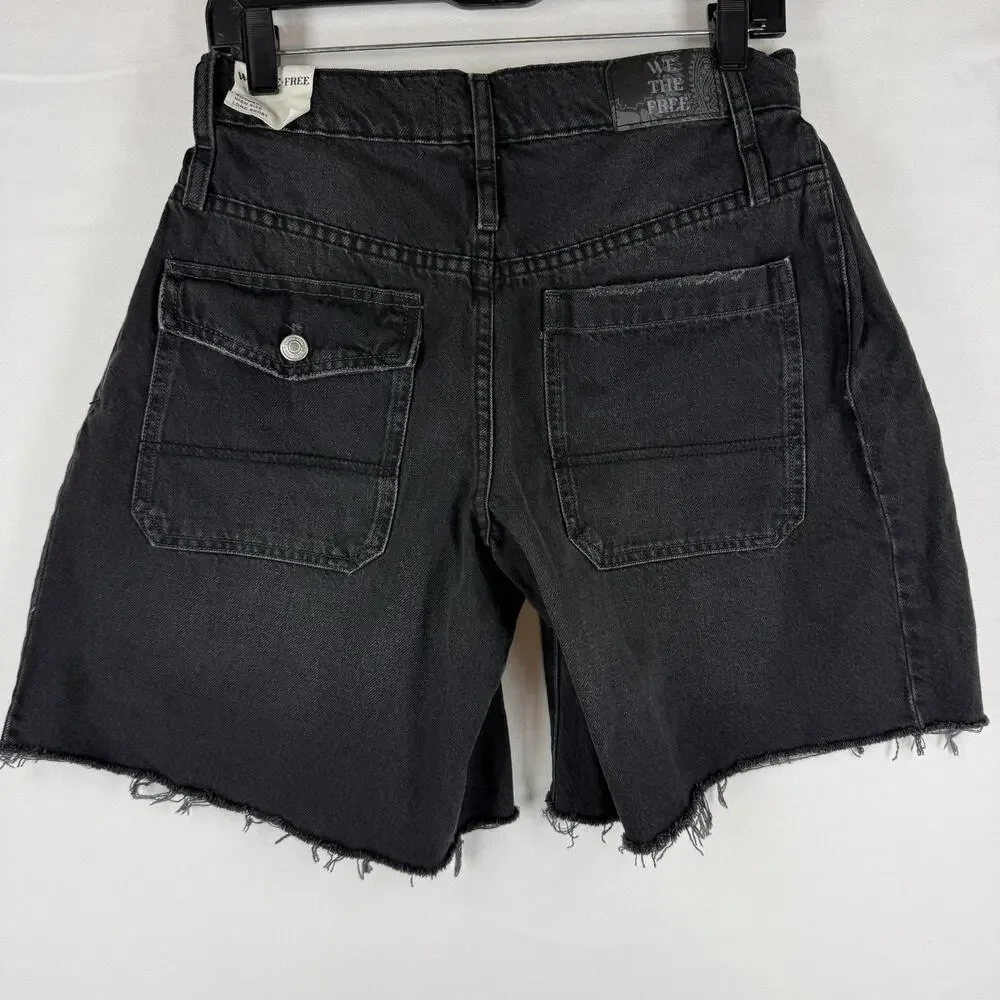 NWT We The Free Boomerang Denim Shorts Women's 27 Black High Rise Long Cutoff